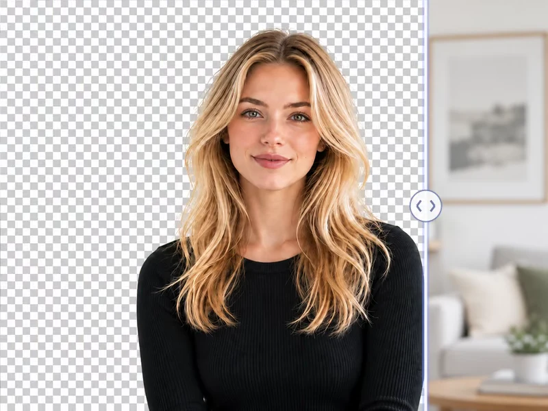 AI background removal preview with a moving before and after slider