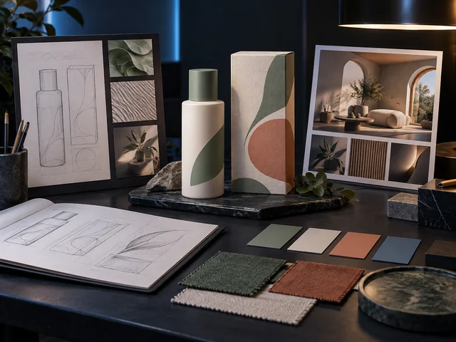 AI-generated product packaging and interior design concept board