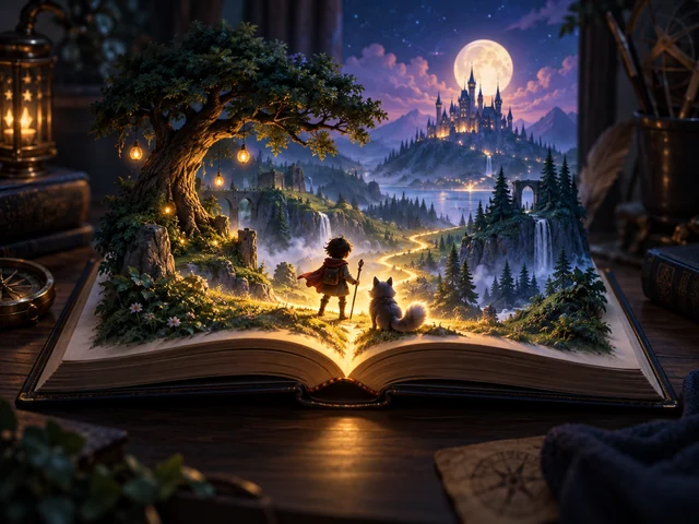 AI-generated fantasy story illustration emerging from an open book