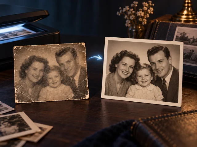 Old damaged family photo restored into a clearer photo print