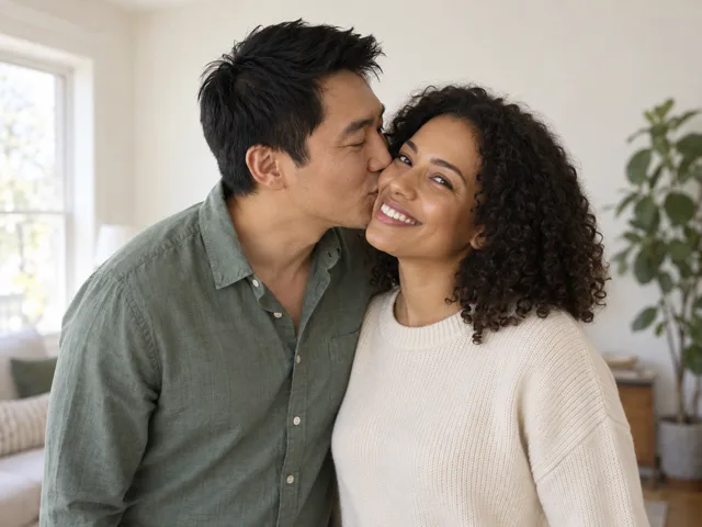 The man on the left gives the woman on the right a gentle kiss on the cheek