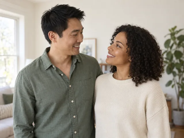 Casually dressed couple smiling at each other in a bright, simple living room