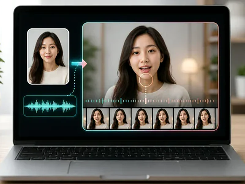 AI lip sync preview with a portrait, waveform, and video frames