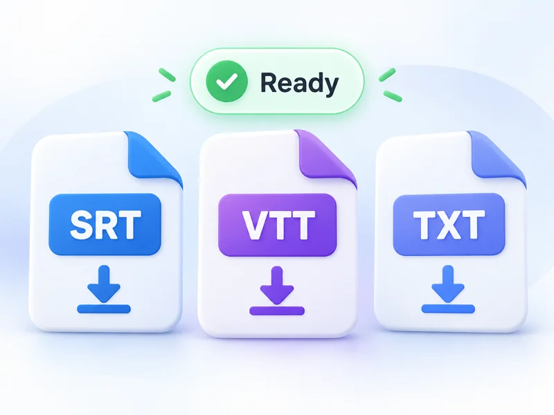 Subtitle export panel with SRT, VTT, and TXT formats