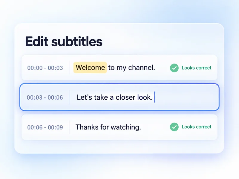 Subtitle editor showing reviewed transcript rows and a selected correction