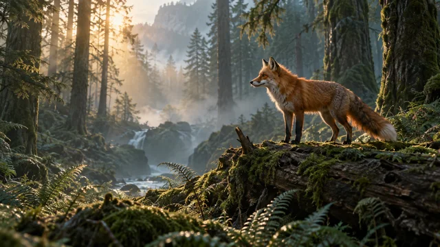 Red fox on a mossy log in a sunlit, misty forest