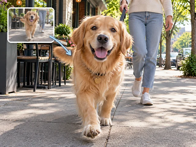 Dog walking video still for upscaling phone videos before sharing