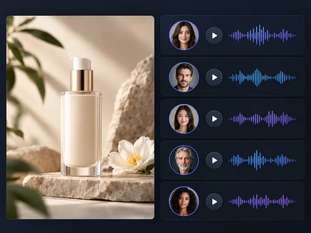 Ad narration voice options with waveform for a product video