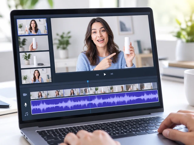 Laptop with a product demo video timeline and narration audio waveform