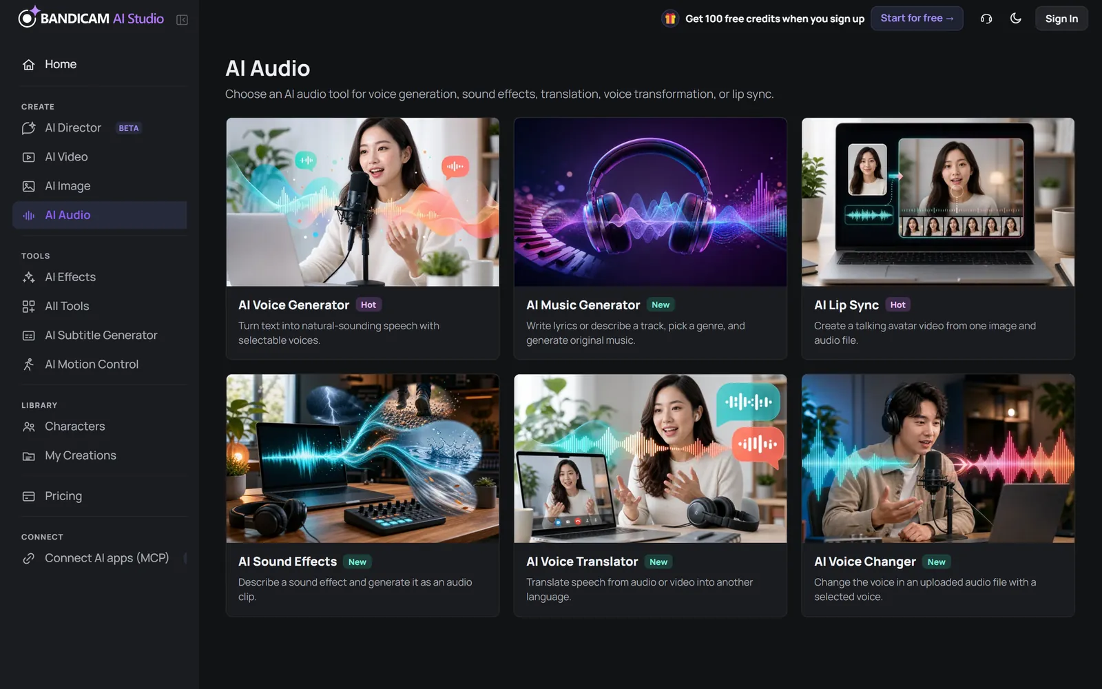 The AI Audio page showing cards for the six audio tools