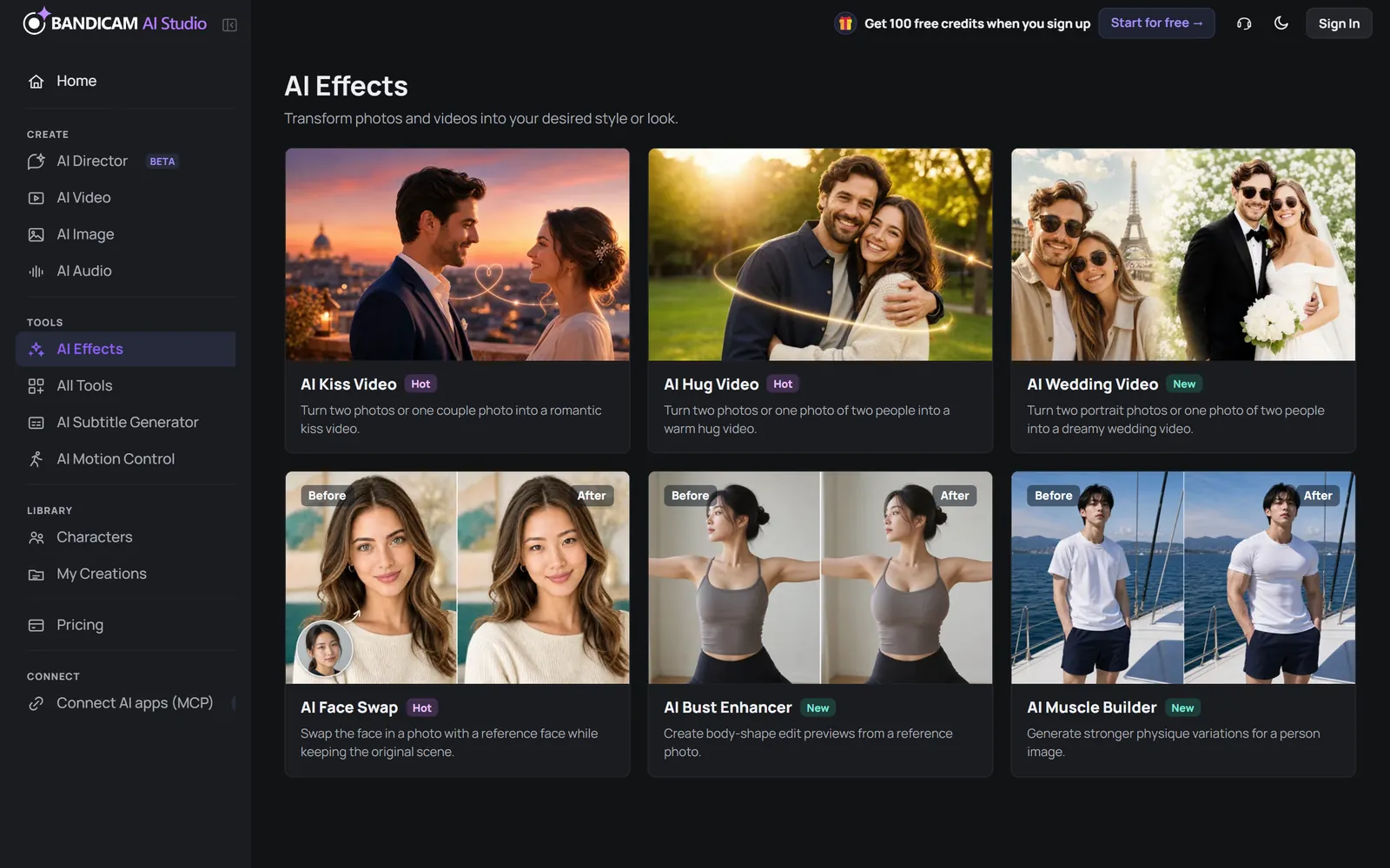 The AI Effects page with cards for kiss, hug, wedding, face swap and body effects