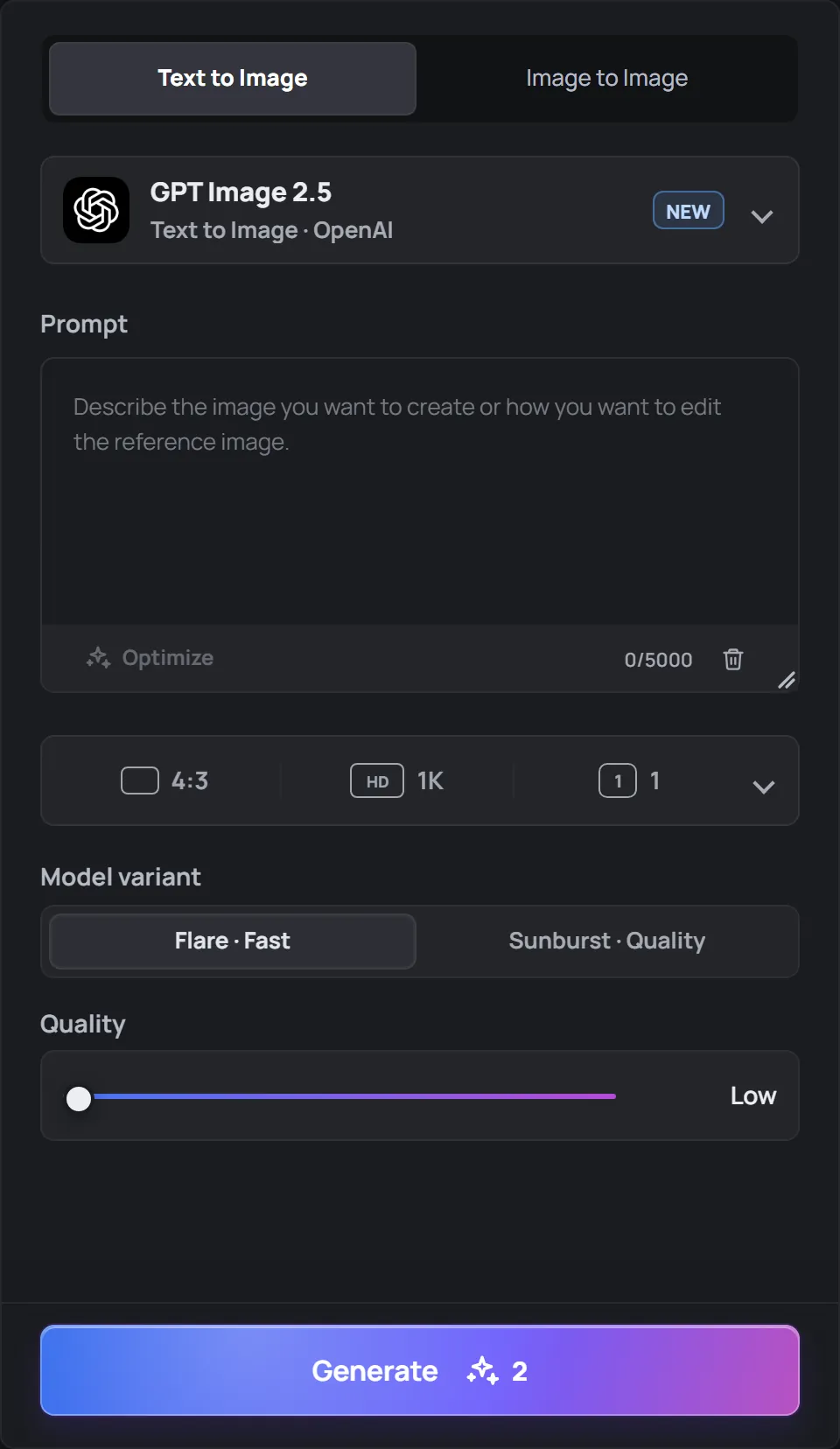 The AI Image create panel with Text to Image and Image to Image tabs, model, prompt and options