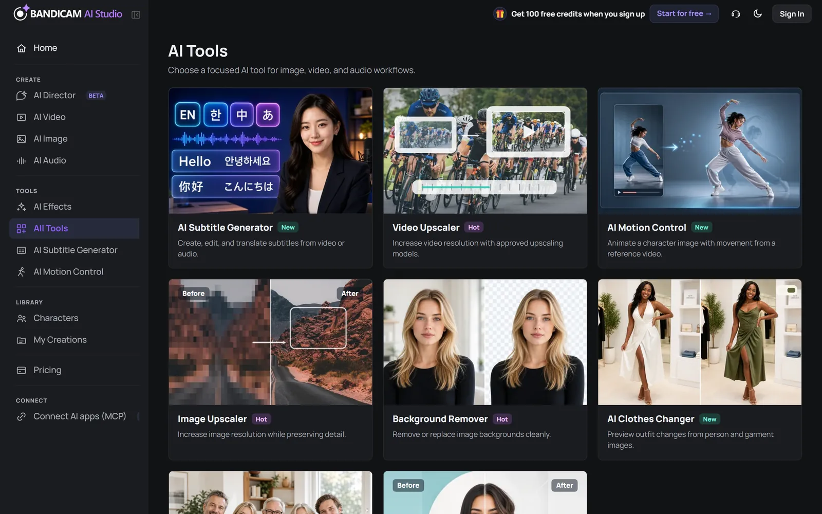 The AI Tools page with a card for each tool