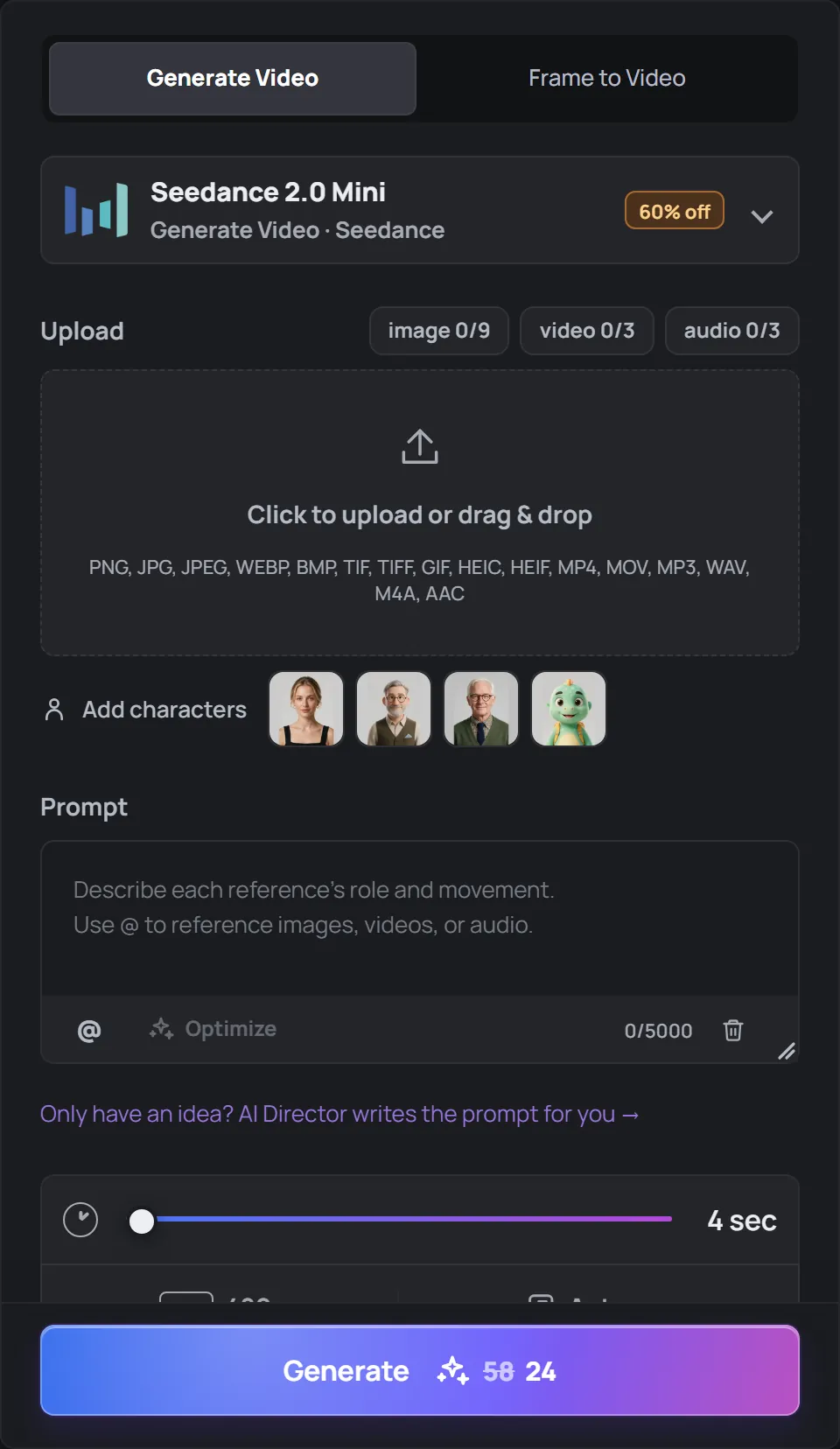 The AI Video create panel: mode tabs, model, upload area, prompt box, options and the Generate button