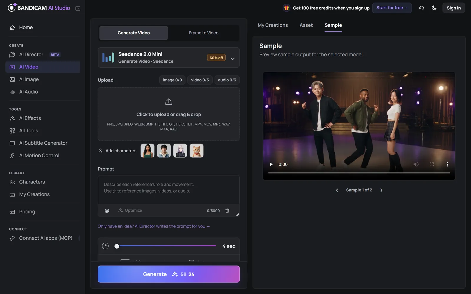 The AI Video workspace: settings panel on the left, sample and results on the right