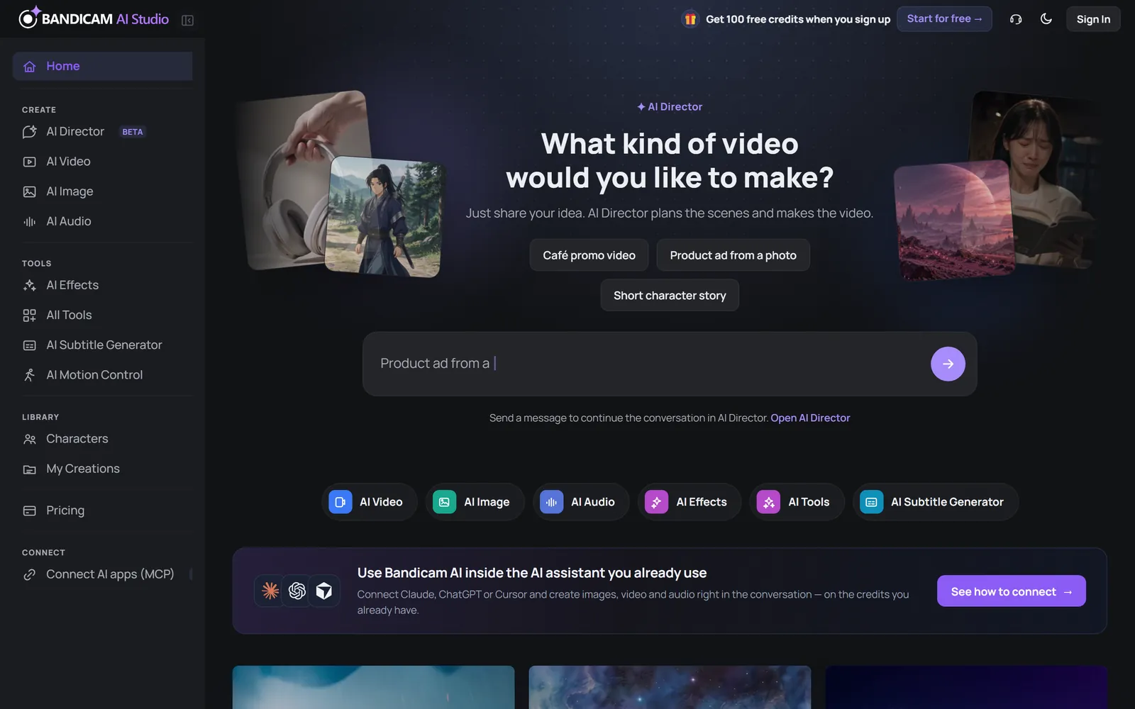 The Bandicam AI Studio home screen with the section menu on the left