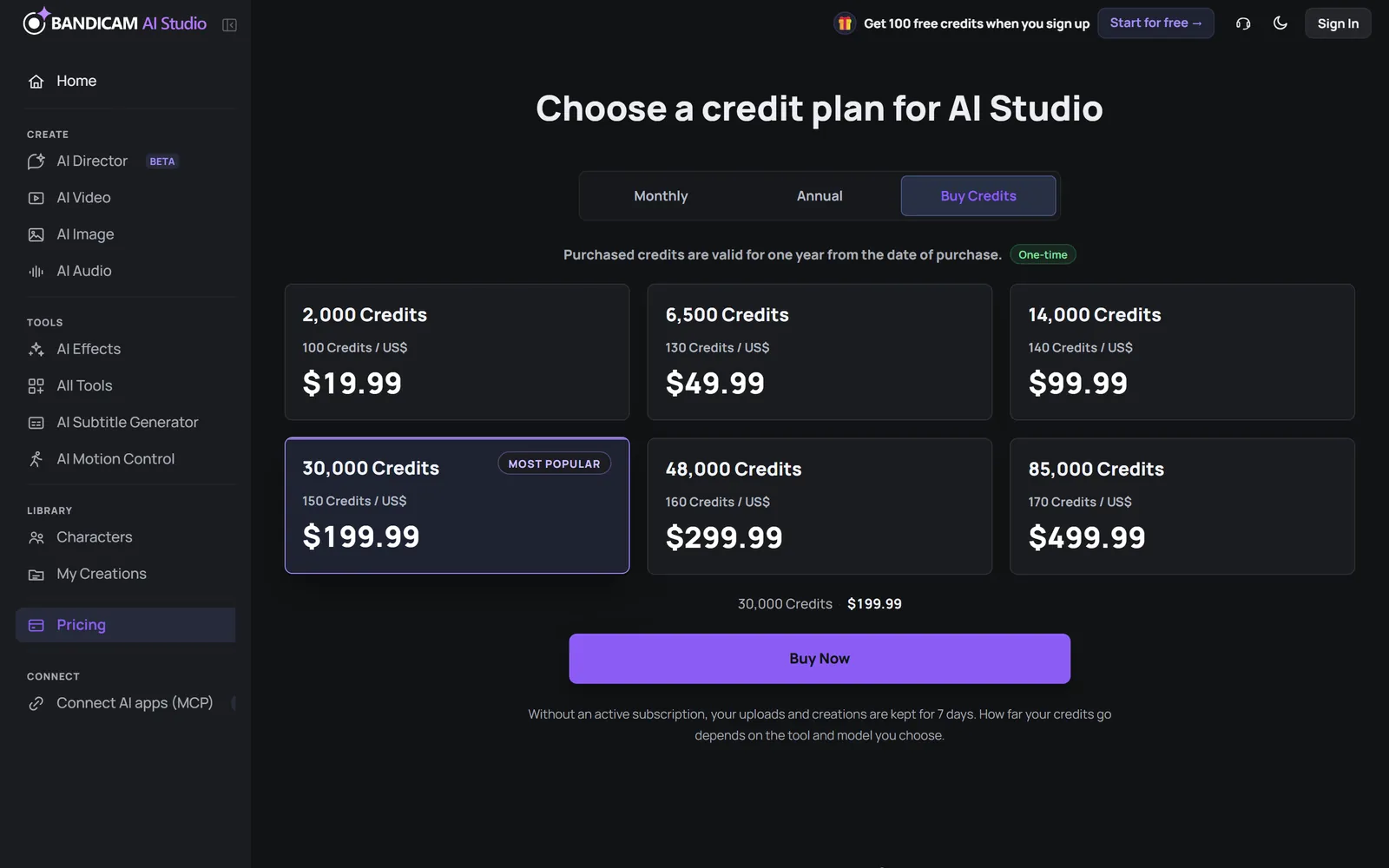 The Buy Credits tab of the pricing page showing one-time credit packs