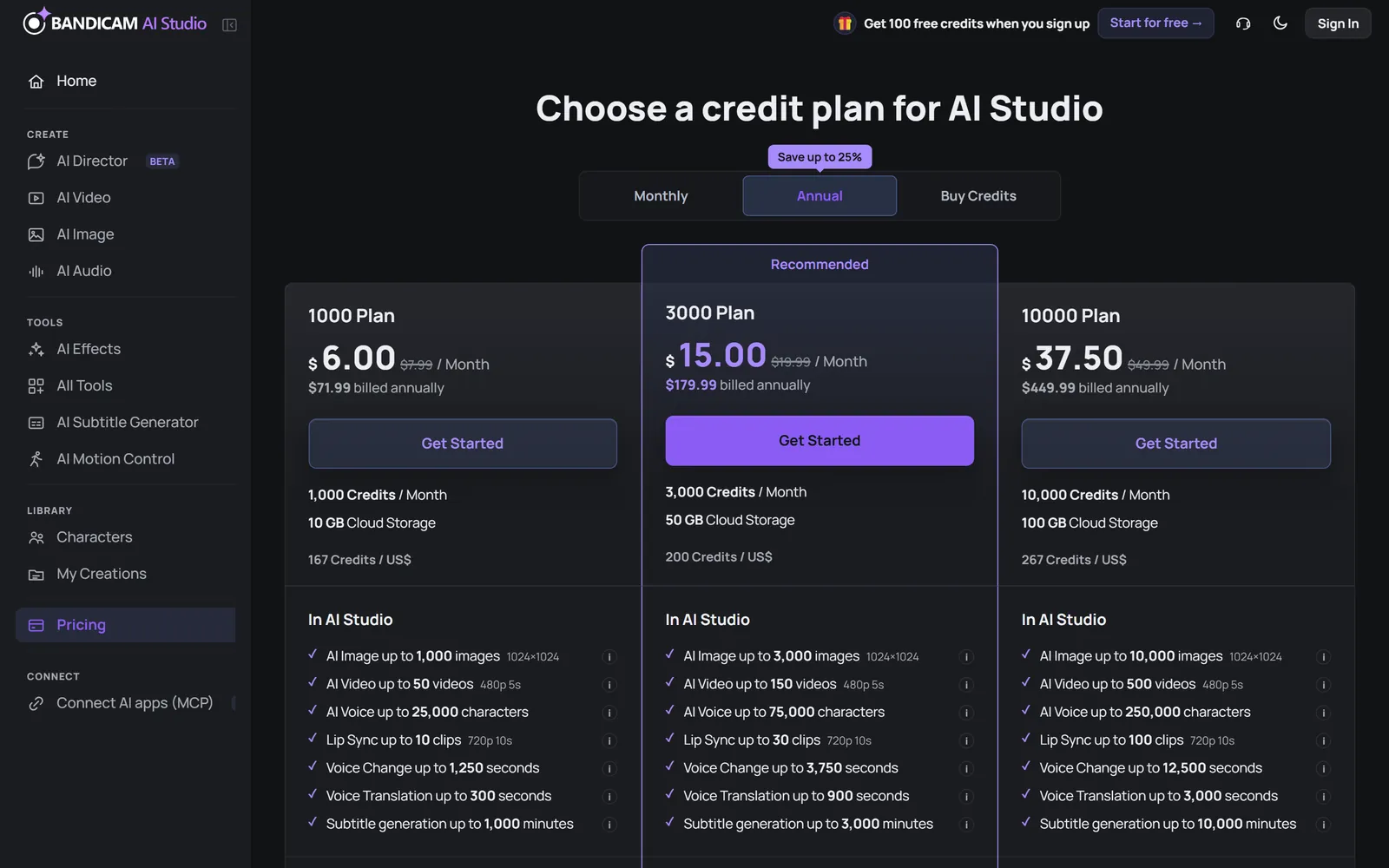 The pricing page showing the three monthly credit plans