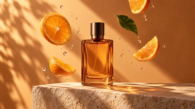 Amber perfume bottle with floating citrus slices