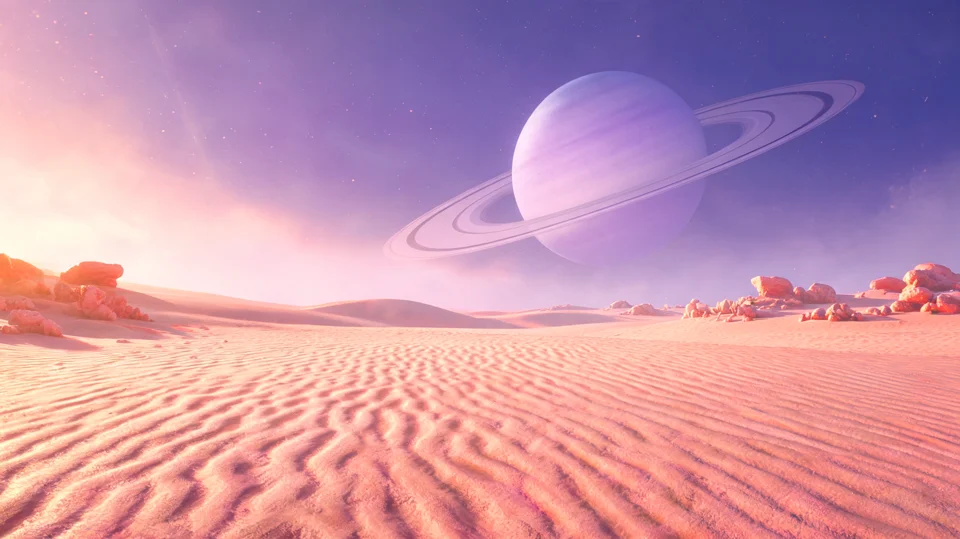 Generated reference 2: pink alien dunes beneath a ringed planet