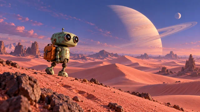 Green explorer robot on a pink alien planet