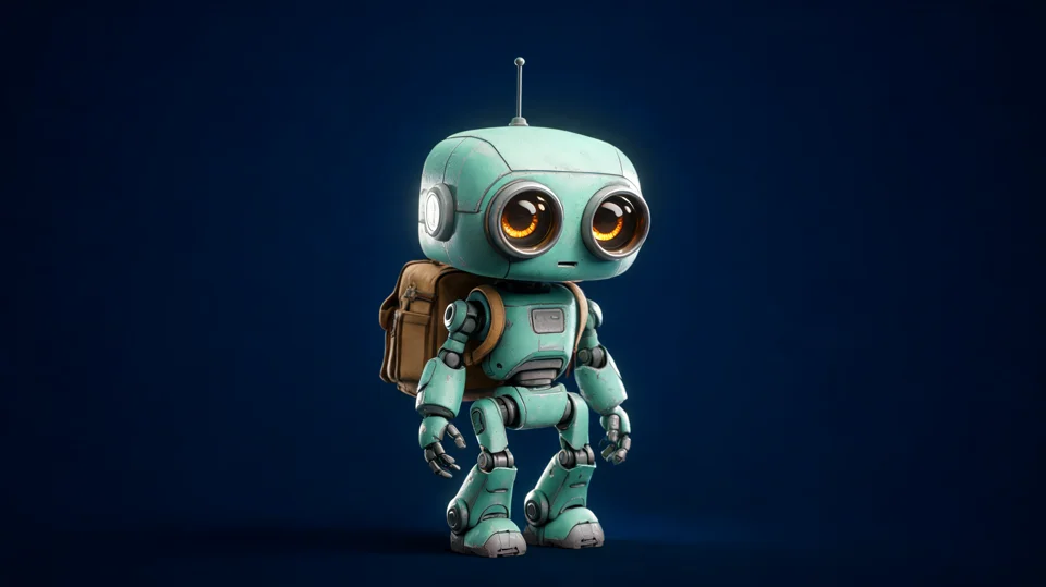 Generated reference 1: mint green explorer robot on a dark studio background
