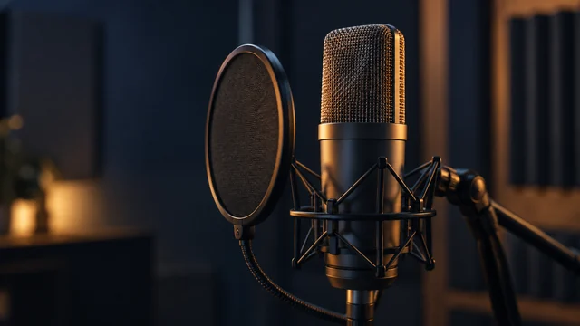 Studio microphone with warm recording booth lighting