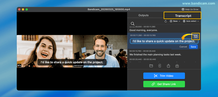 Editing transcript text