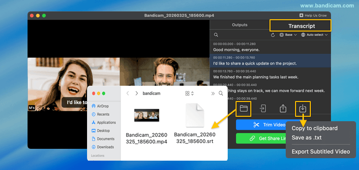 Transcript export options in Bandicam