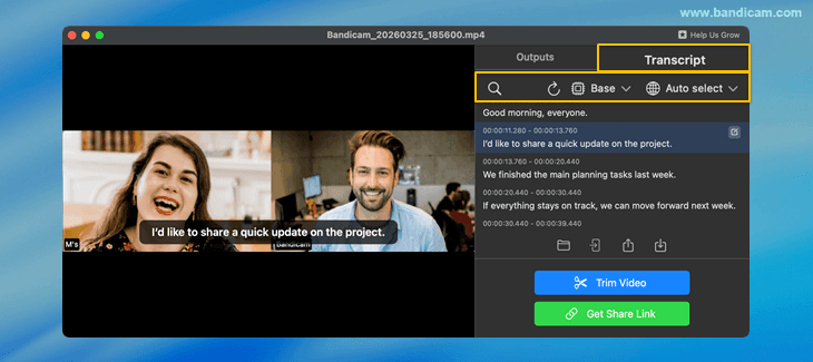 Transcript tab in Bandicam for a Zoom recording