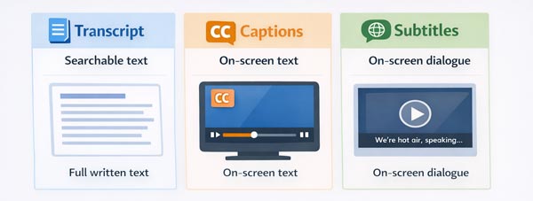 Video transcript, captions, and subtitles comparison