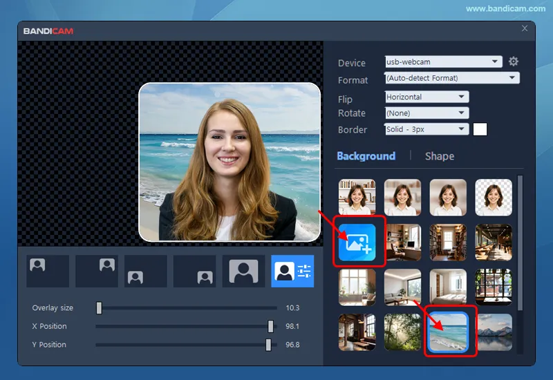 Choose a built-in or custom virtual background