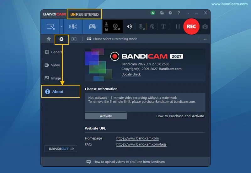 Bandicam free version showing UNREGISTERED