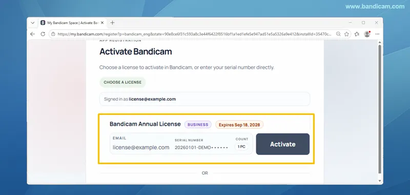 Chọn giấy phép và kích hoạt Bandicam