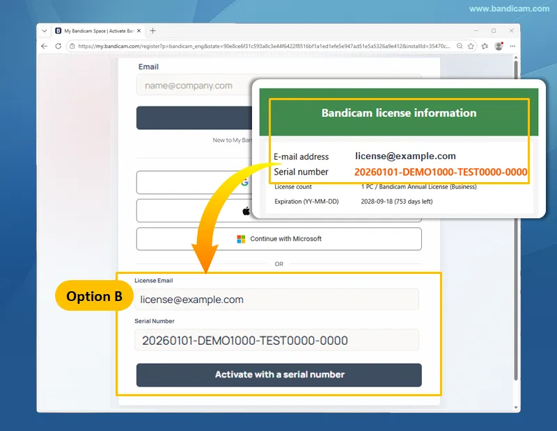 Nhập email của giấy phép và mã kích hoạt
