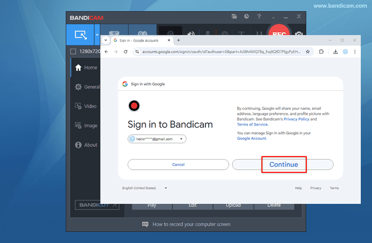 connect to Google account, Bandicam video uploader