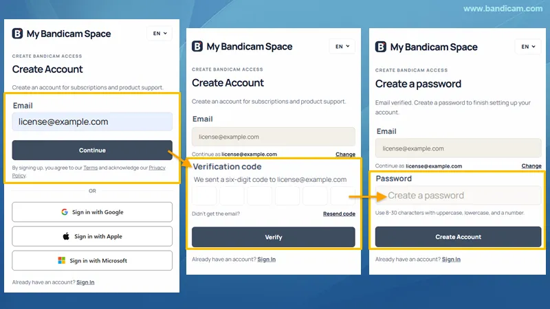 Create an account with email