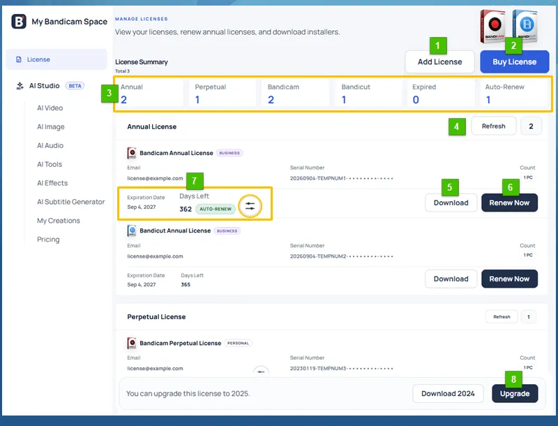 My Bandicam Space Manage Licenses