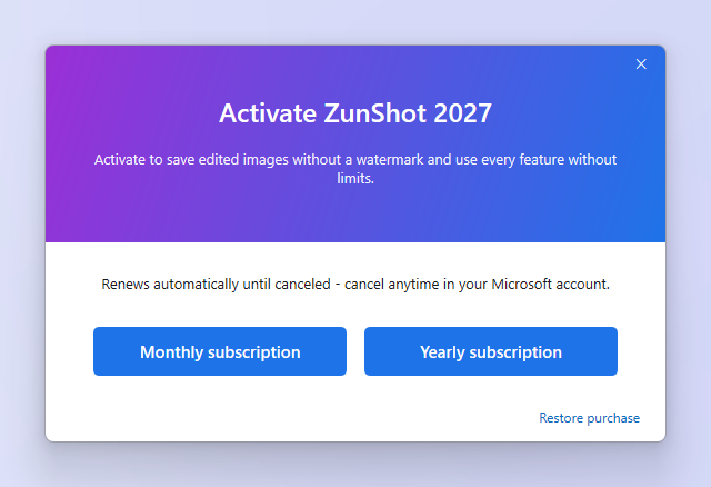 Das Popup mit den ZunShot Pro-Tarifen und den Optionen Monatsabo und Jahresabo sowie einer Dauerlizenz