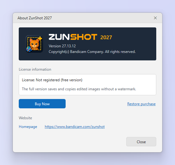 The ZunShot About window with the Restore purchase button