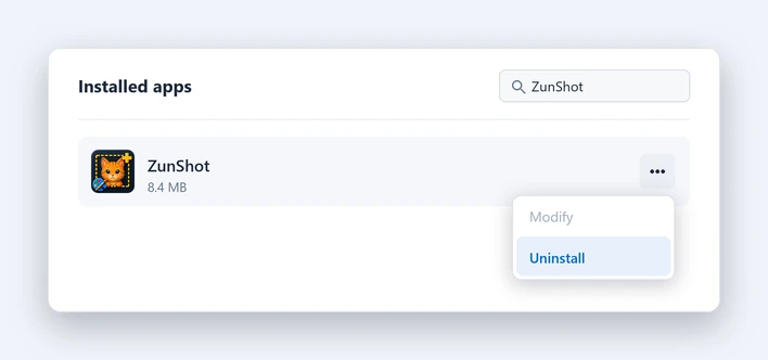 Uninstalling ZunShot from Windows Settings, Apps, Installed apps, using the three-dots menu