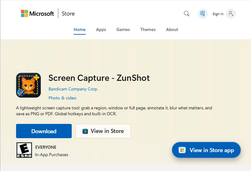 ZunShot على Microsoft Store، حيث تُحدَّث نسخة Microsoft Store تلقائيًا