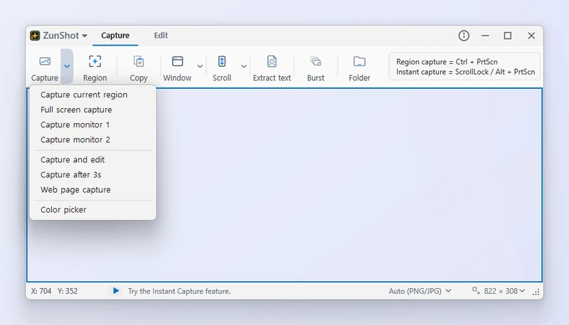 Das geöffnete Menü „Aufnehmen“ auf dem Tab „Screenshot“ von ZunShot mit den Einträgen „Aktuellen Bereich aufnehmen“, „Vollbild-Screenshot“ und einer Zeile pro Bildschirm – „Bildschirm 1 aufnehmen“ und „Bildschirm 2 aufnehmen“
