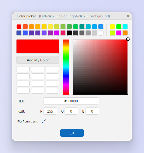 The ZunShot colour picker: palette swatches, a saturation and brightness square, the HEX and RGB values, and a pick from screen eyedropper