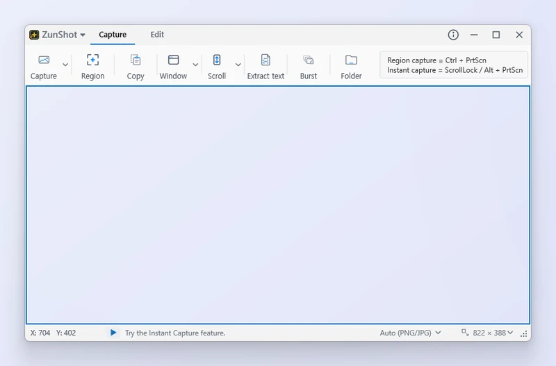 ZunShot-Tab „Screenshot“ mit dem durchsichtigen Aufnahmerahmen auf dem Desktop