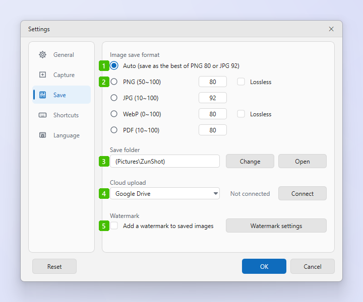 ZunShot settings - Save ZunShot settings, Save tab with numbered options