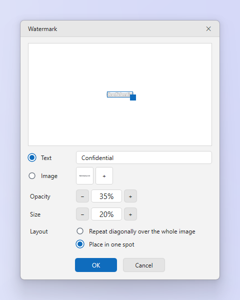 The ZunShot watermark dialog: a preview, a choice of text or image, opacity and size, and whether to repeat it over the image or place it in one spot
