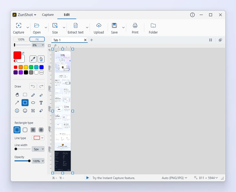 Die aufgenommene Webseite im ZunShot-Editor als ein einziges langes Bild mit 811 × 5944 Pixeln, an das Fenster angepasst dargestellt