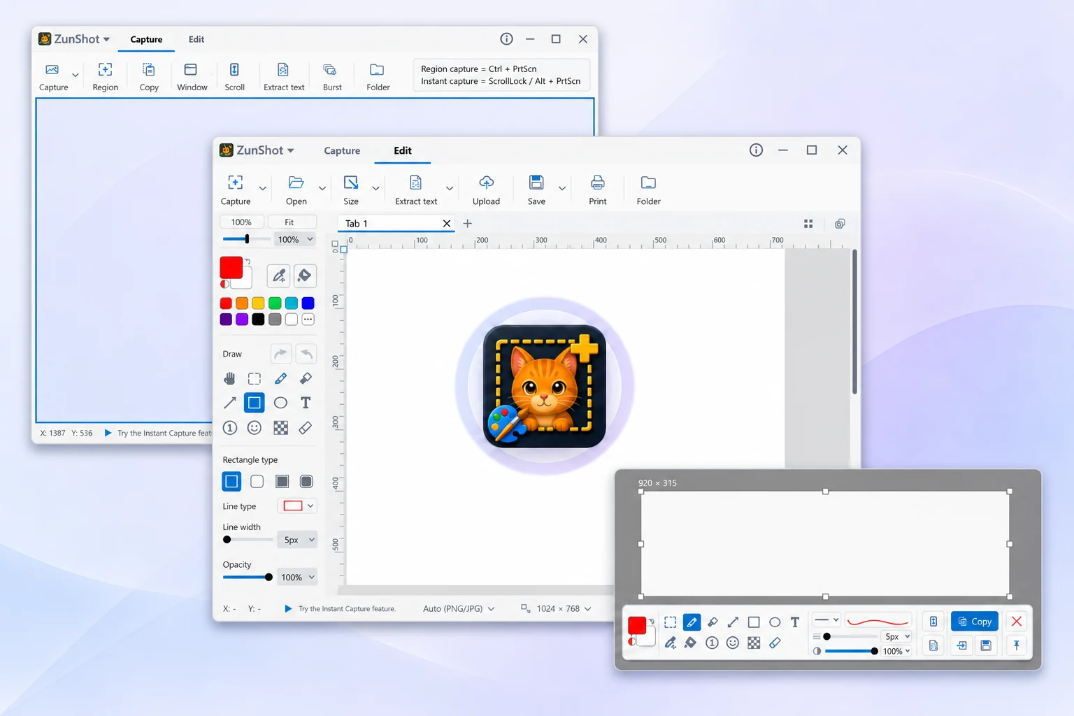 Screenshot-Modus, Editormodus und Sofortaufnahme von ZunShot