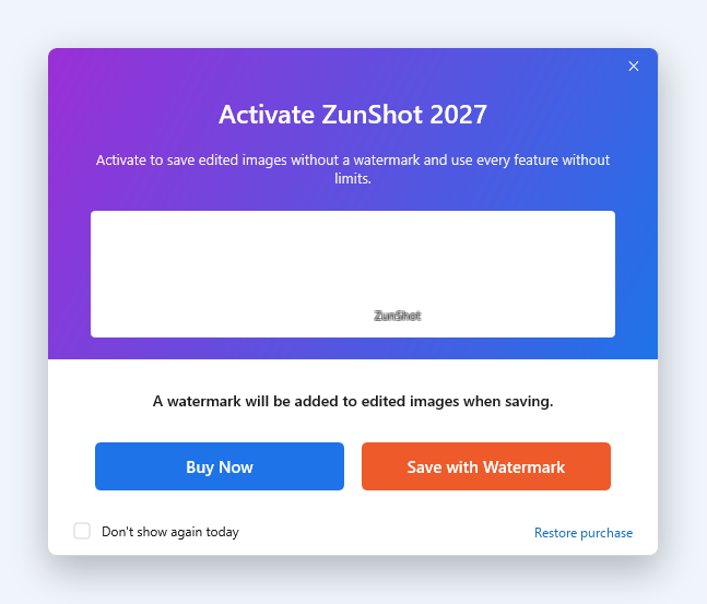 ZunShot window shown when saving an edited image in the free version: a preview with the ZunShot watermark, and the buttons Buy Now and Save with Watermark